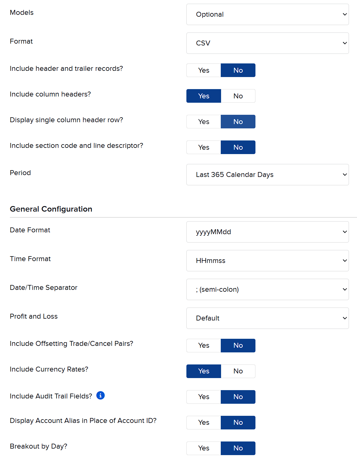 IBKR Flex Query Delivery and General Configuration panel for CSV: Format CSV, Include column headers Yes, all other delivery toggles No, Period Last 365 Calendar Days, Date Format yyyyMMdd, Time Format HHmmss, Date/Time Separator semi-colon, with the matching Yes/No toggles.