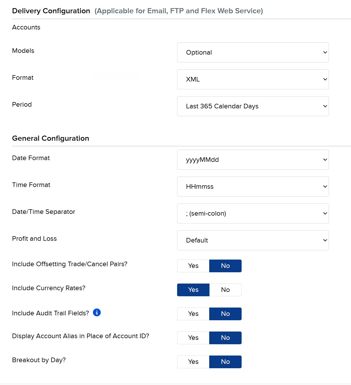 IBKR Flex Query Delivery and General Configuration panel: Format XML, Period Last 365 Calendar Days, Date Format yyyyMMdd, Time Format HHmmss, Date/Time Separator semi-colon, with the matching Yes/No toggles.